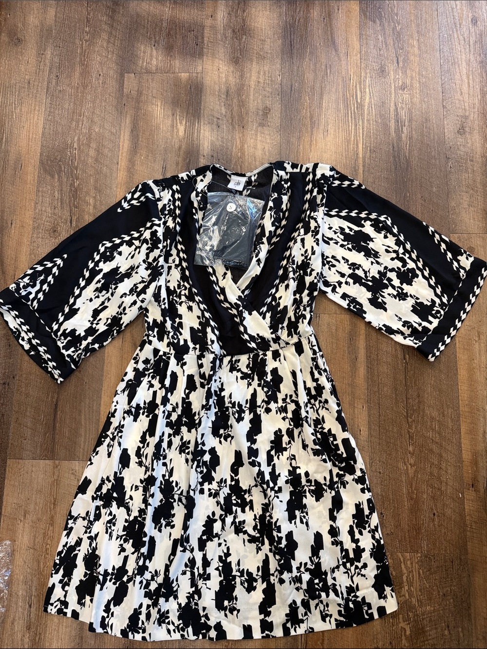 CAbi X Factor Dress Black and White Floral Wrap-Style